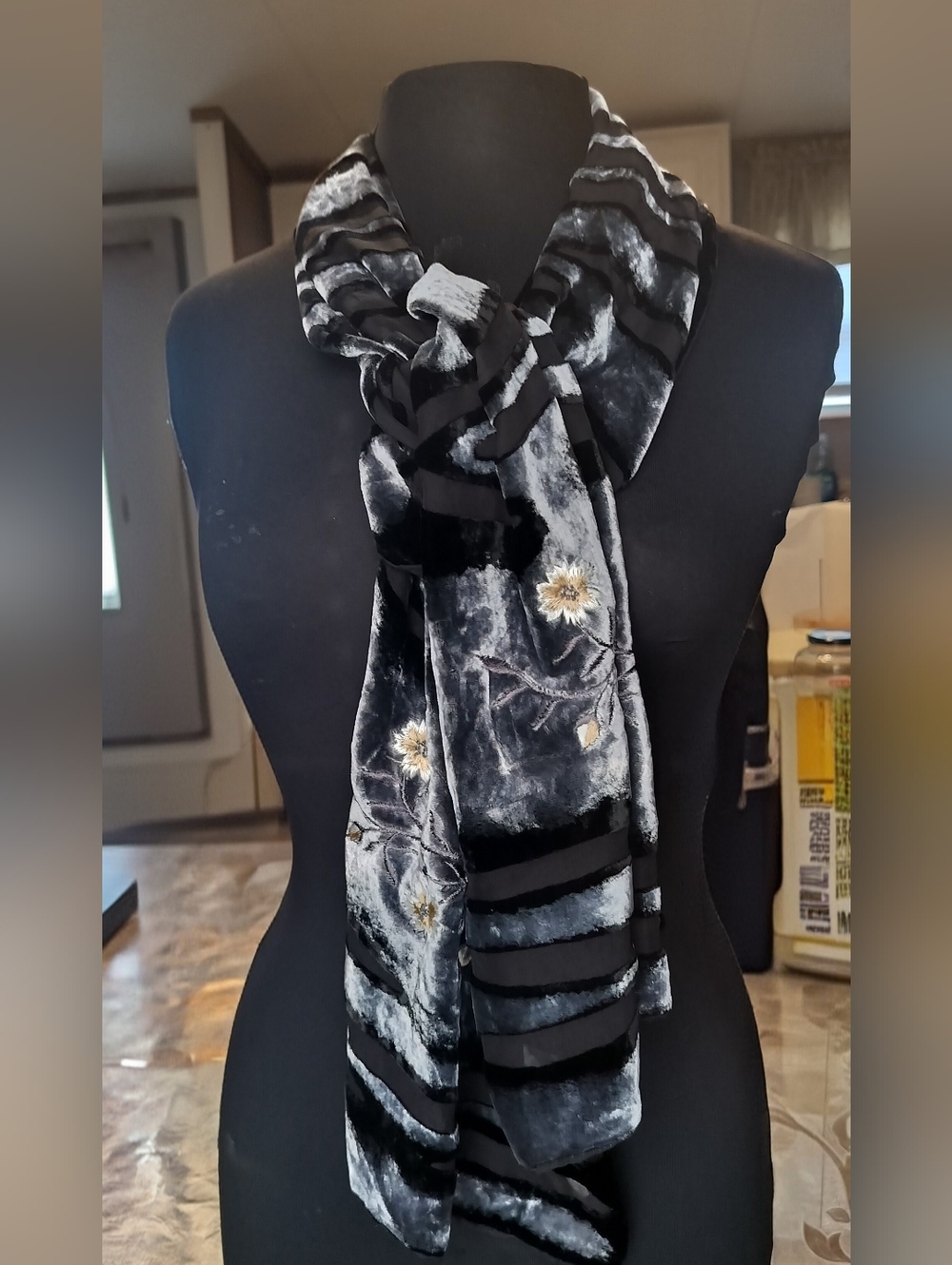 Lord & Taylor Black and Gray Velvet Floral Scarf